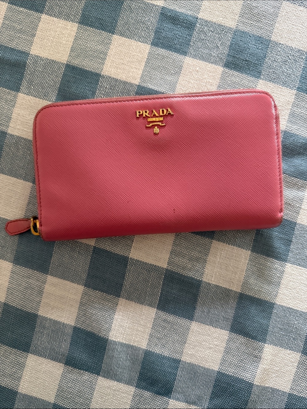 Prada Rose Pink Saffiano Zip Wallet with Gold Logo
